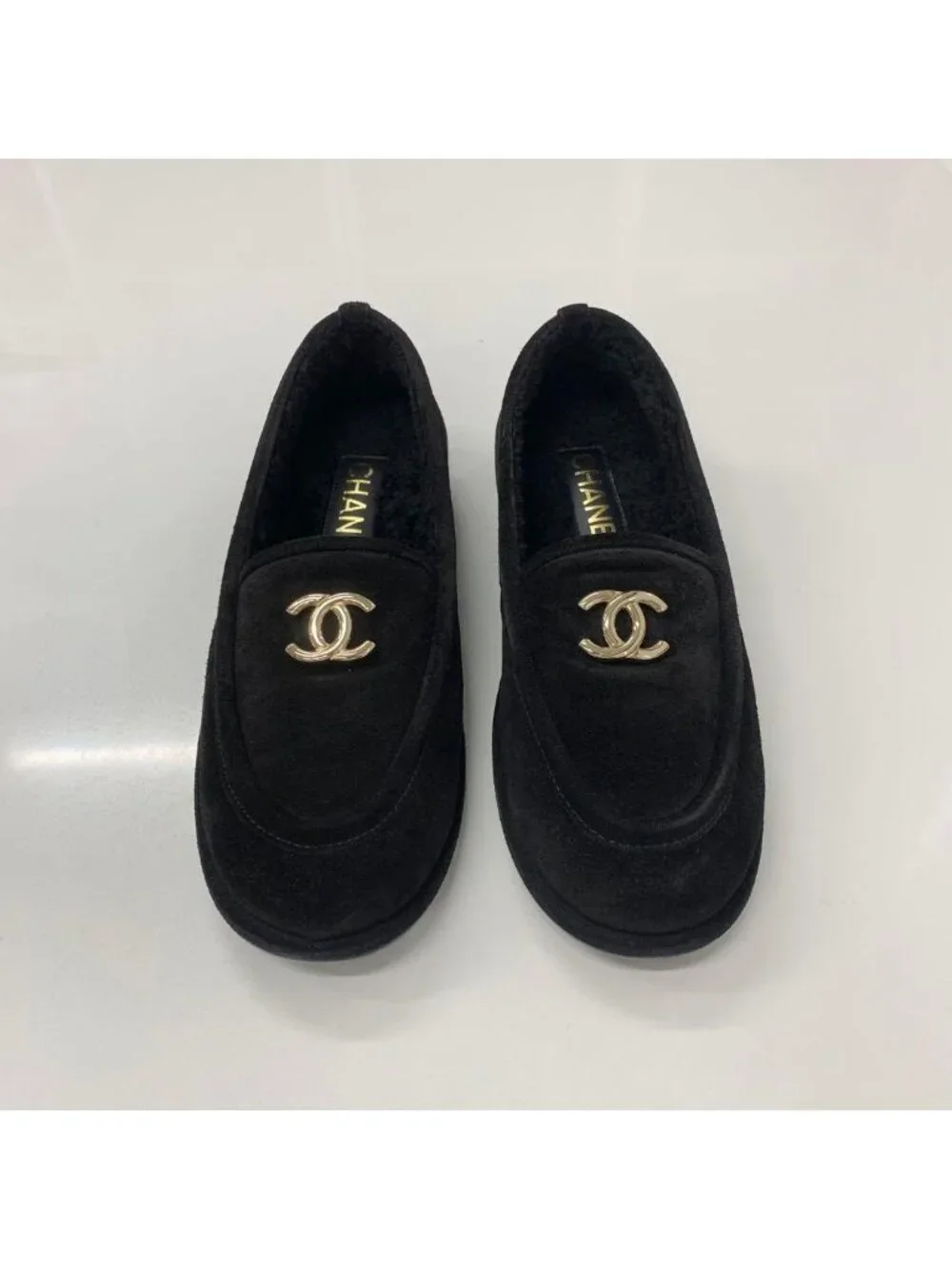 Chanel CC Logo Suede Shearling Flat Shoes Black